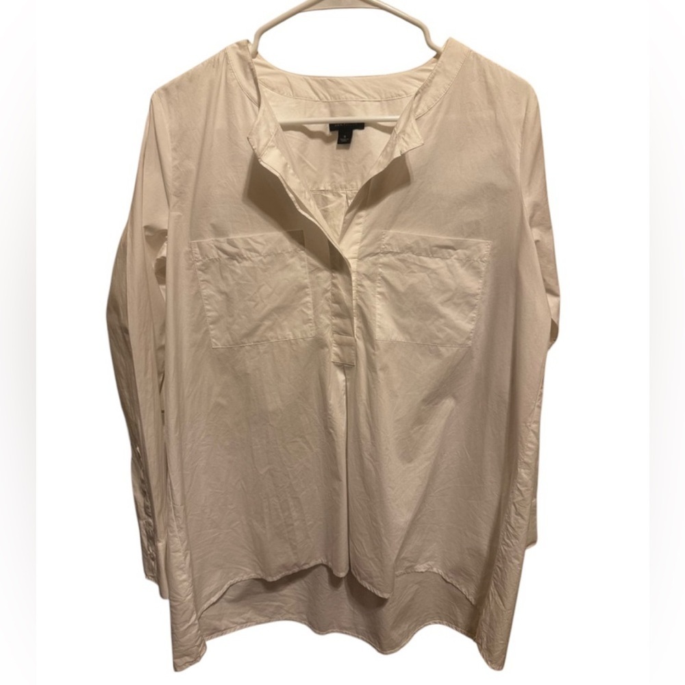 Ann Taylor Long Sleeve White Oversized Shirt Front Pockets Longer In Back Sz Sm